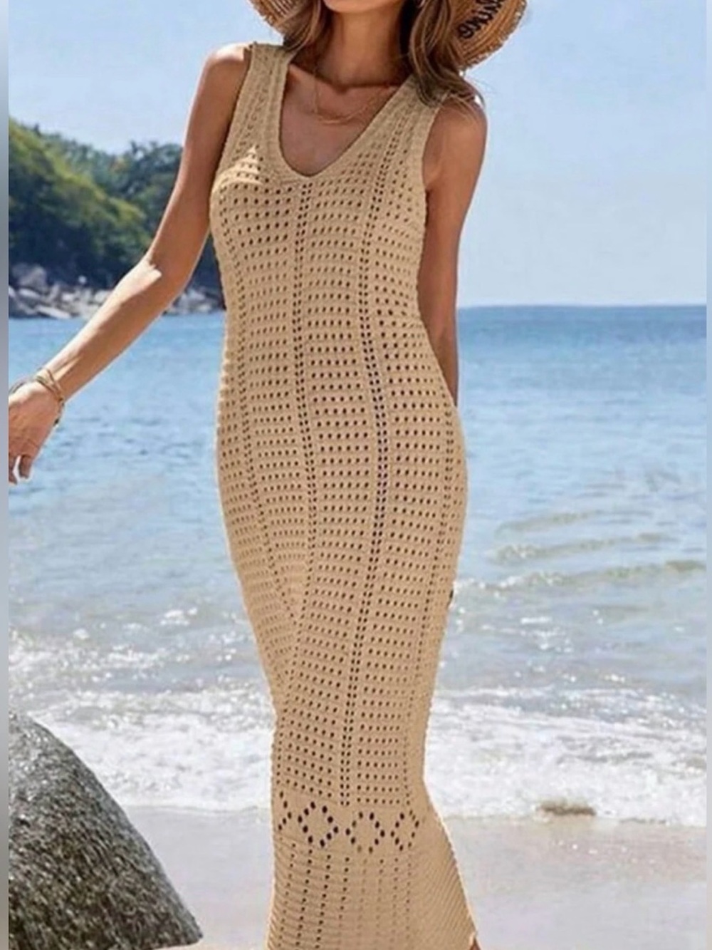 SHEIN Beige Crochet Knit Maxi Dress - Picture 2 of 6